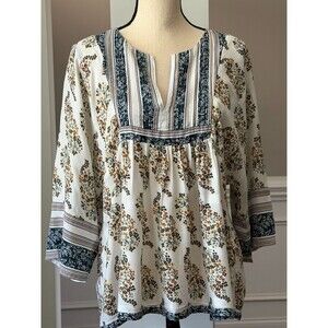 Lucky Brand Women's Mixed Print Natural Multicolor Peasant Top Size M